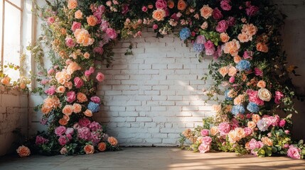 Floral arch on white brick wall