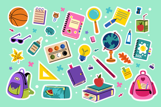 School supplies. Sticker cartoon stationery, kids learning. Pencil, brush, crayons for drawing, notebook. Children backpack and books. Cute accessories icon. Education symbol. Vector tidy isolated set
