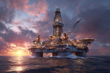 Obraz premium Offshore energy coordination: a sunset scene of innovation. Energy partnerships. China and russia forge stronger ties in global energy supply chain. Global energy shift. Energy collaboration.