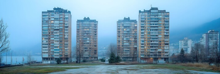 Foggy cityscape with apartment buildings