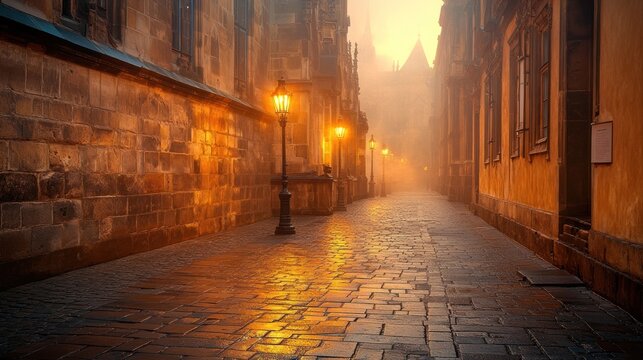 Foggy, ancient European street at dawn