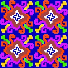 A bold and colorful pixel-art style pattern featuring a repeating motif reminiscent of traditional folk or tribal embroidery.