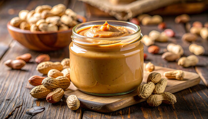 A jar of creamy peanut butter sits on a wooden board surrounded by raw peanuts in the shell.