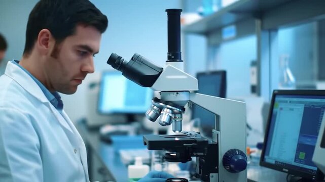 Lab Research Scientist Analyzing Samples with Microscope and Centrifuge. - Powered by Adobe