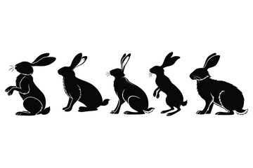 Five black rabbit silhouettes in various poses against a white background