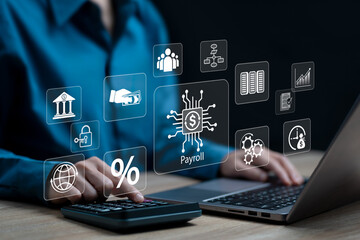 Automation Payroll and AI technology concept, Businesswoman uses AI application for finance management, Automatic salary payment system, Accounting, Scheduling, Banking transfer, HR,  Holiday leave