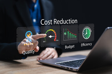 Cost Reduction Solutions, Management strategy plan, Cost optimization, Businesswomen set business key points, Marketing development, Quality control, Budget, Speed, Efficiency, Operational Excellence