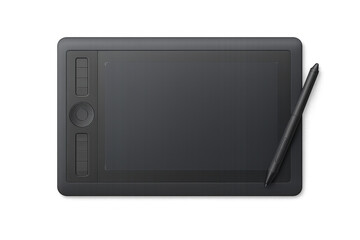 Black graphic tablet with pen for illustrators and designers, perfect for creative projects on transparent background