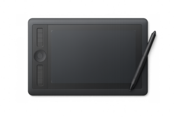 Black graphic tablet with pen for illustrators and designers, perfect for creative projects on transparent background