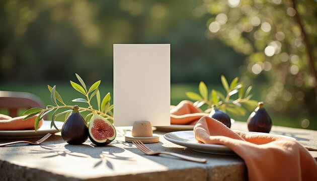 Menu mockup. Elegant al fresco menu card with figs and glass of wine