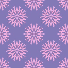 Seamless pattern featuring delicate pink floral or snowflake-like motifs on a vibrant purple background, perfect for textiles, digital art, or decor.