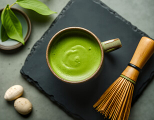 Vibrant matcha latte in a ceramic mug on slate, with a bamboo whisk. A traditional, healthy green tea drink, captured from above with a clean, elegant aesthetic.