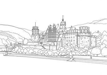Obraz premium Heidelberg Castle (Schloss Heidelberg) in Germany one line drawing style 