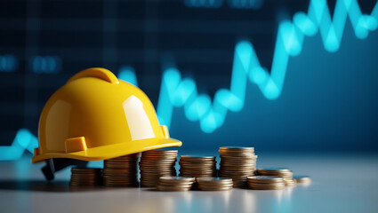 Construction Industry Growth and Investment Yellow Hard Hat and Stacked Coins