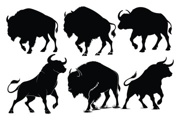 Collection of six powerful bison and bull animal silhouettes in dynamic poses silhouette