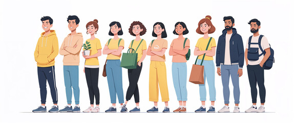 Obraz premium Diverse group of young adults standing in a row representing community and diversity