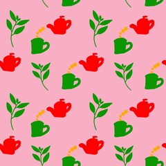 Vibrant seamless pattern featuring red teapots, green tea cups, and fresh green tea leaves on a soft pink background. Perfect for textiles, digital art, or kitchen decor.
