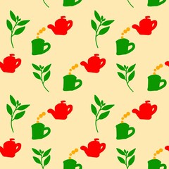 Charming seamless pattern with red teapots, green cups, and vibrant tea leaves on a light background, perfect for textiles or digital design.