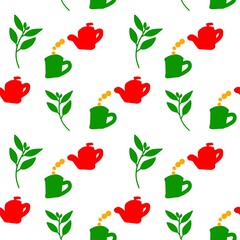 Vibrant seamless pattern featuring red teapots, green cups, and tea leaves on white, perfect for fabric, wallpaper, or digital backgrounds.