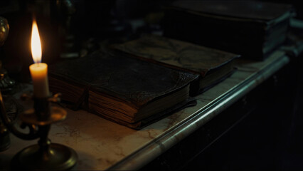 Lit candle illuminates antique books on a marble surface in a dimly lit room with a vintage brass candlestick holder and dark shadows