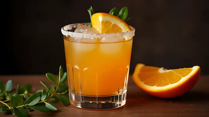 Refreshing orange cocktail with ice and orange slice in a glass with sugar rim – close-up on dark background