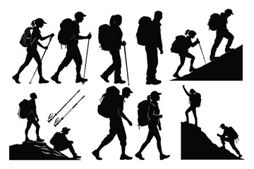 Diverse group of hikers in various poses depicted in a striking black silhouette