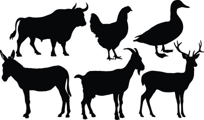 Collection of farm and wild animal silhouettes including bull chicken donkey goat duck and deer