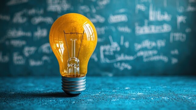 Illuminated lightbulb on teal surface, chalkboard background