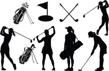 Collection of female golfers in various poses and actions silhouette