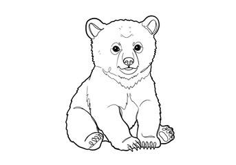 Fototapeta premium Bear cub drawing. It is a black and white outline image of a cute bear cub sitting, depicting its innocent and charming appearance. Vector sketch line art draw.