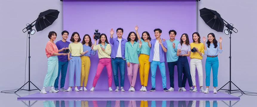 Group of diverse young adults posing joyfully with cameras against a purple backdrop