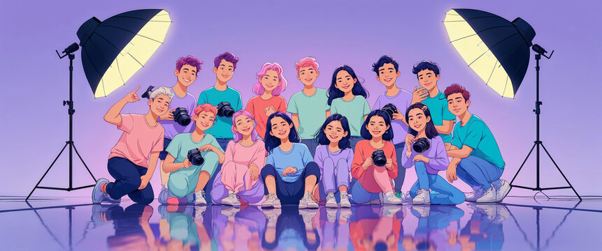 Group of young photographers posing with cameras in a studio illustration