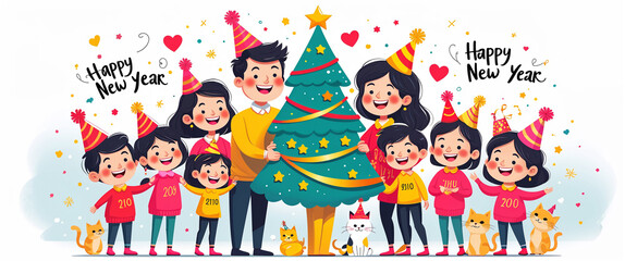 Happy family celebrating new year with decorated christmas tree and adorable cats