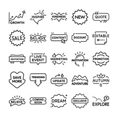 Collection of Black and White Line Art Icons and Labels