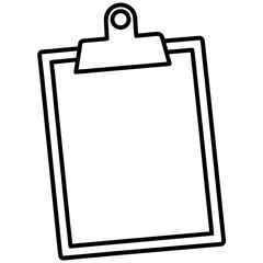 Simple line art drawing of a clipboard holding a sheet of paper with a clip isolated on white background