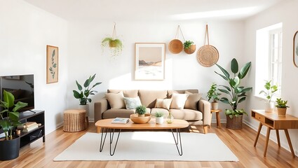 Fototapeta premium Bright and Airy Living Room with Plants and Natural Light