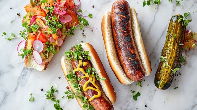 Bison dog artisanal hot dogs with condiments pickled vegetables microgreens and premium toppings restaurant style