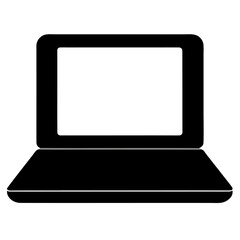 Simple black silhouette of an open laptop computer isolated on white background