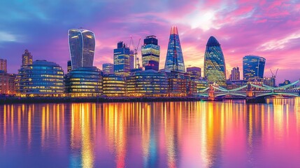Naklejka premium London skyline at vibrant sunset, reflecting city lights