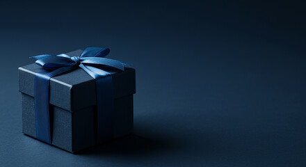 Elegant Blue Gift Box with Satin Ribbon on Dark Surface