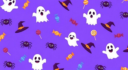 Cute Pixel Art Halloween Pattern with Ghosts, Spiders, Hats, and Candies on Purple Background