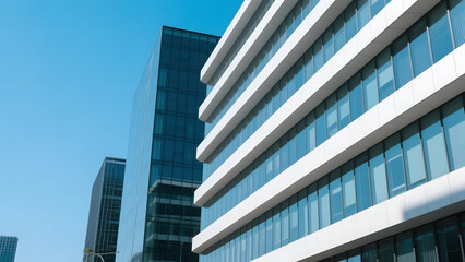 Modern glass and steel office buildings under a clear blue sky