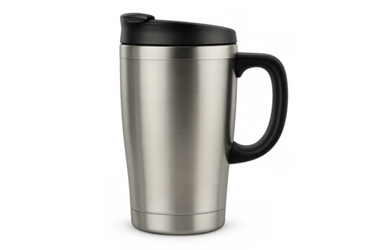 Professional metallic thermos tumbler featuring sleek black handle, capturing modern drinkware aesthetic with clean design and reflective surface - Powered by Adobe