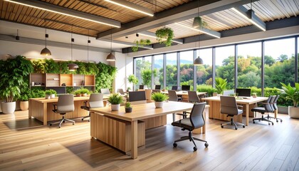 Modern office integrates biophilic design elements to enhance workspace environment with natural light and greenery during the daytime.