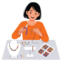 Smiling Woman Crafting Beaded Jewelry