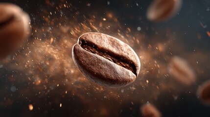 Floating coffee beans amidst swirling dust against a dark, blurred, out-of-focus backdrop