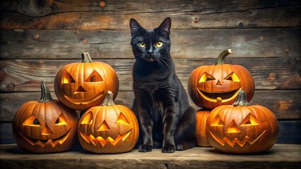 Photo of a black cat sits among several carved halloween pumpkin jack o lanterns with glowing faces on a wooden surface