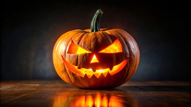 Photo of a carved halloween pumpkin jack o lantern with a scary face glows intensely with light on a wooden surface - Powered by Adobe