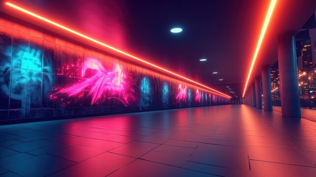 Neon-lit underground walkway with graffiti art
