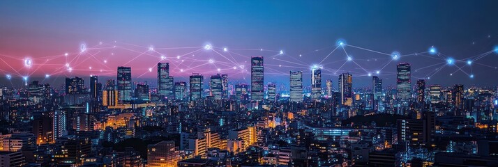 Night city skyline with glowing network connections